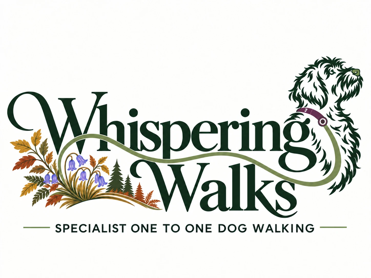 Whispering Walks specialist one-to-one dog walking logo